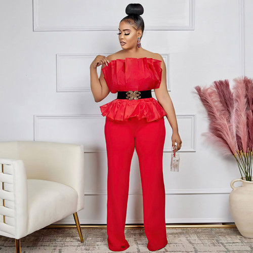 Sleek Solid Color Off-Shoulder Jumpsuit Set