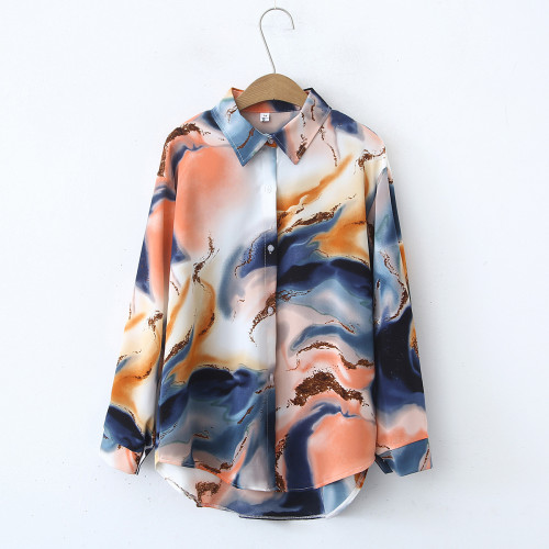 Floral Print Satin Long Sleeve Shirt for Women