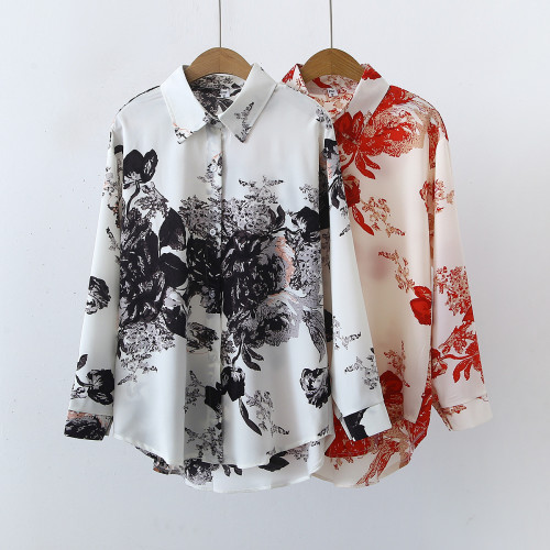 Floral Print Satin Long Sleeve Shirt for Women