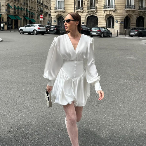 Elegant White Satin Lantern Sleeve Dress for Women