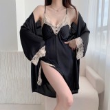 Two-Piece Lace Trimmed Cami Robe and Buttoned Sleepwear Set