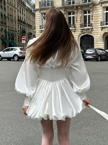 Elegant White Satin Lantern Sleeve Dress for Women