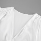 Elegant White Satin Lantern Sleeve Dress for Women