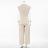 Khaki Sleeveless Vest and Wide-Leg Pants Set for Women