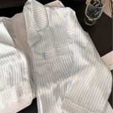 Blue Striped Bow Lace Trim Casual Loungewear Set