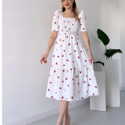 Floral Elegant Women's Waist-Cinching U-Neck Dress