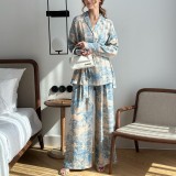 Floral Long Sleeve Tie-Up Shirt and High-Waisted Wide-Leg Pants Set for Women