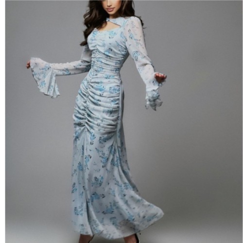 Ruffled Floral Chiffon Long Dress for Women