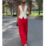 Fashionable Deep V-Neck Sleeveless Top and High-Waisted Wide-Leg Pants Set