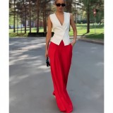 Fashionable Deep V-Neck Sleeveless Top and High-Waisted Wide-Leg Pants Set