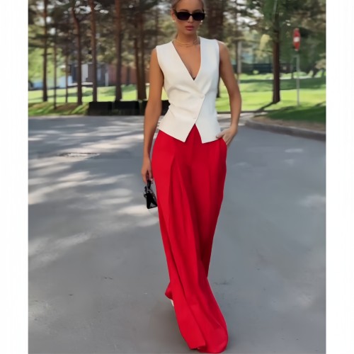 Fashionable Deep V-Neck Sleeveless Top and High-Waisted Wide-Leg Pants Set