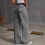 Vintage Bow Embroidered Washed Denim Wide-Leg Pants for Women