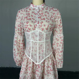 Sweet Floral Waist-Defined Long Sleeve Lace Mini Dress