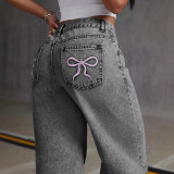 Vintage Bow Embroidered Washed Denim Wide-Leg Pants for Women