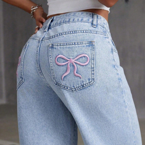 Vintage Bow Embroidered Washed Denim Wide-Leg Pants for Women