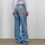Leopard Print Star Patchwork Straight-Leg Denim Pants for Women