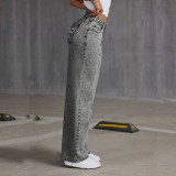 Vintage Bow Embroidered Washed Denim Wide-Leg Pants for Women
