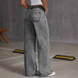 Vintage Bow Embroidered Washed Denim Wide-Leg Pants for Women