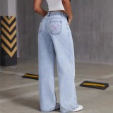 Vintage Bow Embroidered Washed Denim Wide-Leg Pants for Women