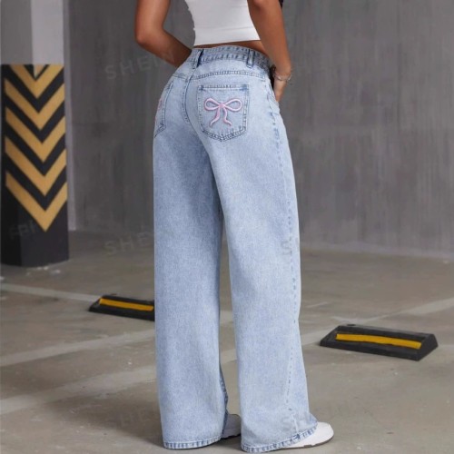 Vintage Bow Embroidered Washed Denim Wide-Leg Pants for Women