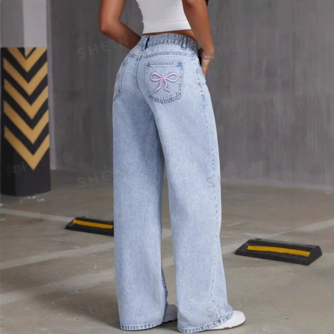 Vintage Bow Embroidered Washed Denim Wide-Leg Pants for Women