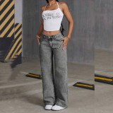 Vintage Bow Embroidered Washed Denim Wide-Leg Pants for Women