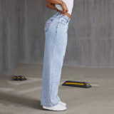 Vintage Bow Embroidered Washed Denim Wide-Leg Pants for Women