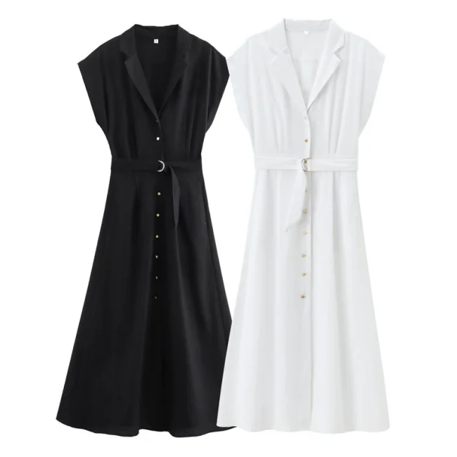 Linen Blend Belted Midi Shirt Dress