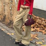 Khaki Curved Blade Wide-Leg Denim Pants for Women