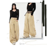 Khaki Curved Blade Wide-Leg Denim Pants for Women