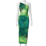 Floral Print One-Shoulder High-Waisted Bodycon Dress