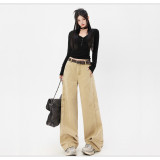 Khaki Curved Blade Wide-Leg Denim Pants for Women