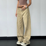 Khaki Curved Blade Wide-Leg Denim Pants for Women