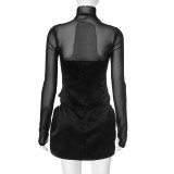 Mesh Panel High Neck Sexy Bodycon Mini Skirt with Hollow Cutouts