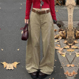 Khaki Curved Blade Wide-Leg Denim Pants for Women