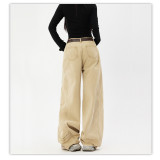 Khaki Curved Blade Wide-Leg Denim Pants for Women