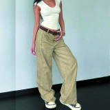 Khaki Curved Blade Wide-Leg Denim Pants for Women