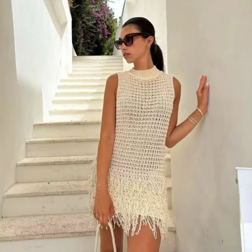 Sleeveless Knit Vest Dress with Fringe