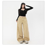 Khaki Curved Blade Wide-Leg Denim Pants for Women