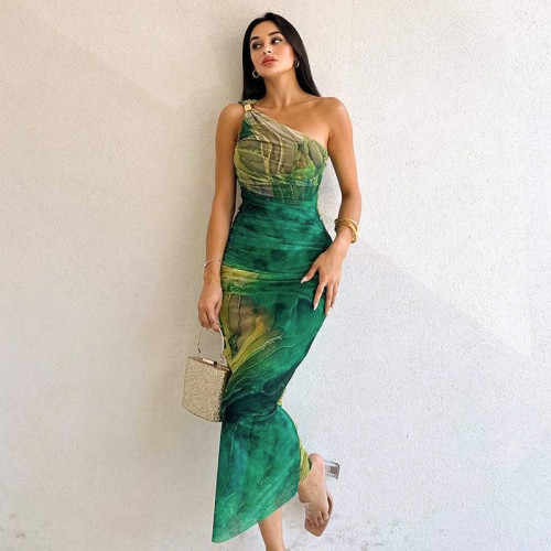 Floral Print One-Shoulder High-Waisted Bodycon Dress