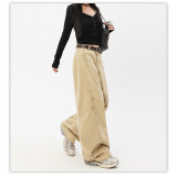 Khaki Curved Blade Wide-Leg Denim Pants for Women