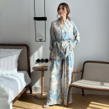 Floral Long Sleeve Tie-Up Shirt and High-Waisted Wide-Leg Pants Set for Women