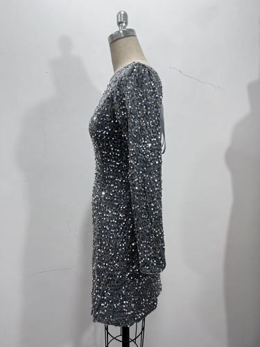 Backless Sequin Long Sleeve Evening Gown for Sophisticated Parties