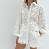 White Lace Embroidered Sheer Blouse and High-Waisted Shorts Set