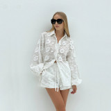 White Lace Embroidered Sheer Blouse and High-Waisted Shorts Set