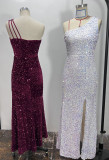 Sleeveless Sequin Slit One-Shoulder Bodycon Party Dress