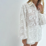 White Lace Embroidered Sheer Blouse and High-Waisted Shorts Set