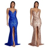 Geometric Sequin Strappy Evening Gown