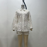 White Lace Embroidered Sheer Blouse and High-Waisted Shorts Set