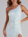 Sleeveless Sequin Slit One-Shoulder Bodycon Party Dress